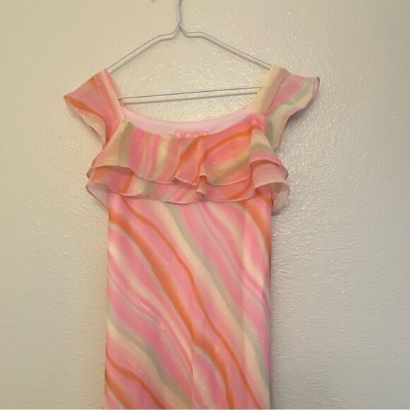 Hype Girls Pink Orange stripe chiffon summer hi low maxi dress-10 - Picture 3 of 9
